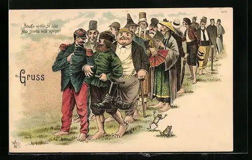 Lithographie Jude, Chinese und weitere Männer auf dem Weg ins Bade