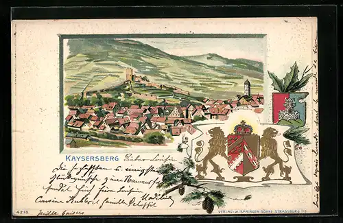 Lithographie Kaysersberg, Ortsansicht, Wappen, Tannenzweig