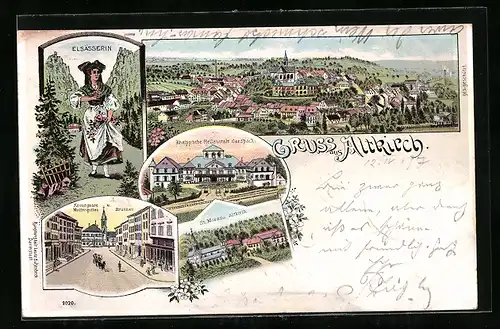 Lithographie Altkirch, Kneipp`sche Heilanstalt Carspach, Elsässerin in Tracht, Strasse Kreuzgasse Muttergottes