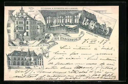 Lithographie Ensisheim, Hotel zur Krone, Rathaus