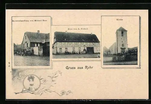 AK Rohr, Spezereihandlung von Michael Buer, Haus von L. Fritsch, Kirche