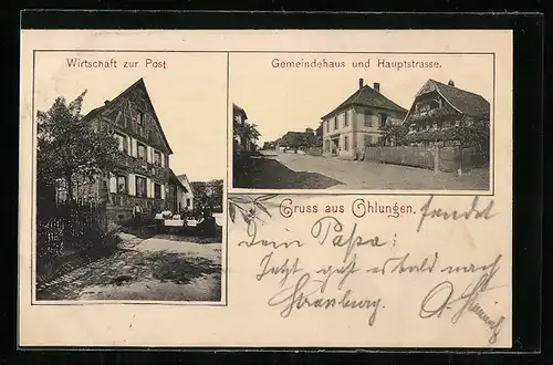 AK Ohlungen, Wirtschaft zur Post, Gemeindehaus und Hauptstrasse