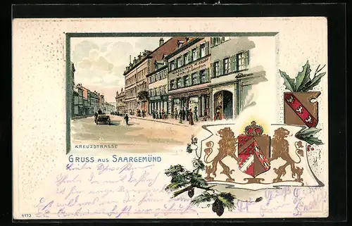Passepartout-Lithographie Saargemünd, Kreuzstrasse mit Warenhaus M. Knopf