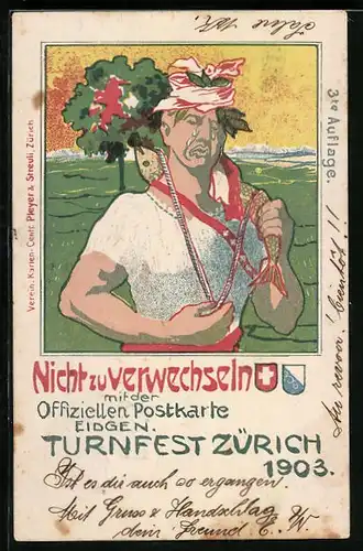 Künstler-AK Zürich, Turnfest 1903, Karikatur der offiziellen Postkarte