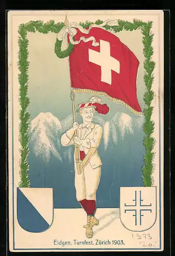 Lithographie Zürich, Eidgen. Turnfest 1903, Turner mit Fahne, Wappen