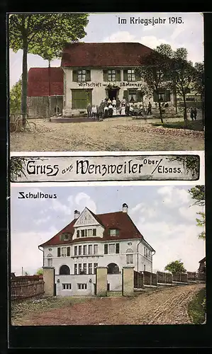 AK Wenzweiler /Ober-Elsass, Gasthaus von J. B. Wanner, Schulhaus