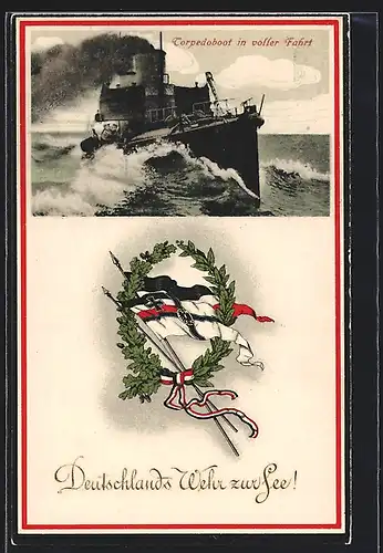 AK Deutschlands Wehr zur See, Torpedoboot in voller Fahrt, Reichskriegsflagge