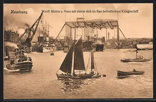 AK Hamburg, Werft Blohm & Voss mit einem sich im Bau befindlichen Kriegsschiff