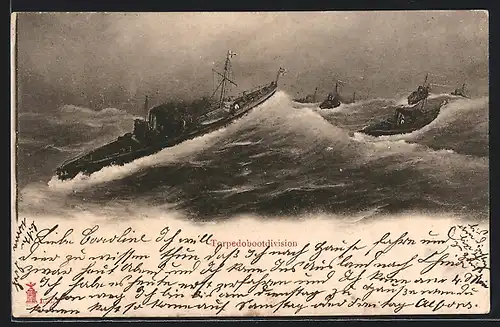 Künstler-AK Torpedobootdivision in schwerer See
