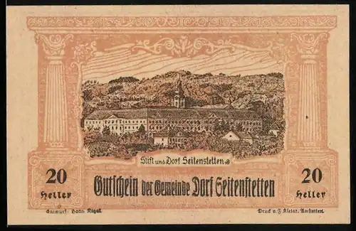 Notgeld Seitenstetten 1920, 20 Heller, Dorfansicht mit Stift