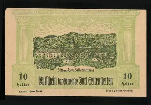 Notgeld Seitenstetten 1920, 20 Heller, Dorfansicht mit Stift