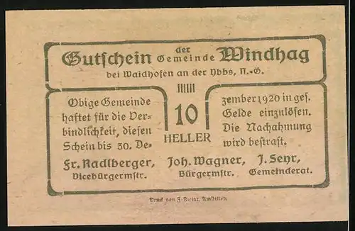 Notgeld Windhag 1920, 10 Heller, Ortspartie mit Kirche