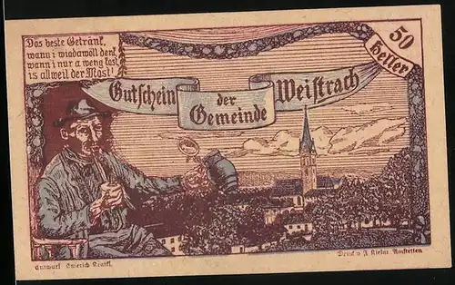 Notgeld Weistrach 1920, 50 Heller, Kirche und Mann mit Tabakspfeife