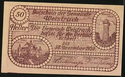 Notgeld Weistrach 1920, 50 Heller, Kirche und Mann mit Tabakspfeife