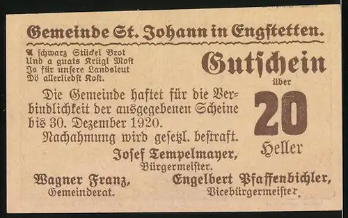 Notgeld St. Johann 1920, 20 Heller, Ortspartie mit Kirche