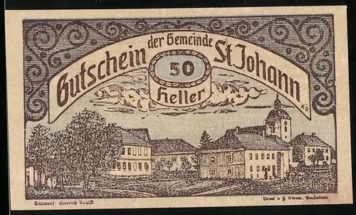 Notgeld St. Johann 1920, 50 Heller, Ortspartie mit Kirche