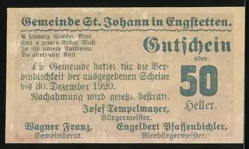 Notgeld St. Johann 1920, 50 Heller, Ortspartie mit Kirche