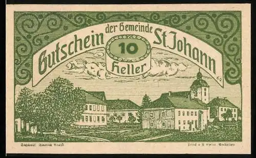 Notgeld St. Johann 1920, 10 Heller, Ortspartie mit Kirche