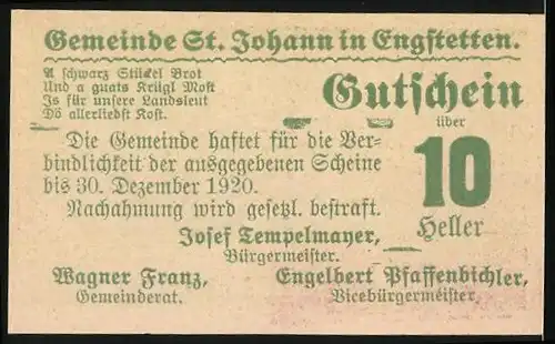 Notgeld St. Johann 1920, 10 Heller, Ortspartie mit Kirche