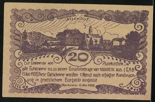 Notgeld Pfarrkirchen 1920, 20 Heller, Altenhof