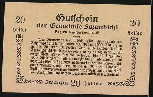 Notgeld Schönbichl 1920, 20 Heller, Bauer mit Pflug