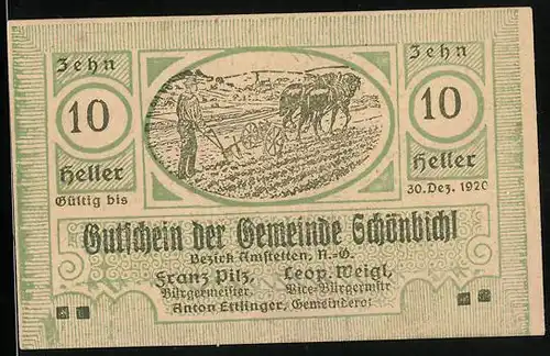 Notgeld Schönbichl 1920, 10 Heller, Bauer mit Pflug