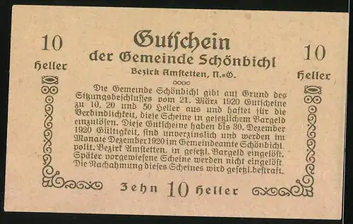 Notgeld Schönbichl 1920, 10 Heller, Bauer mit Pflug