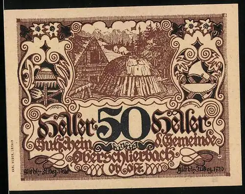 Notgeld Oberschlierbach /Ob.-Öst. 1920, 50 Heller, Ortspartie, Wappen