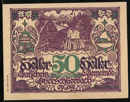 Notgeld Oberschlierbach /Ob.-Öst. 1920, 50 Heller, Ortspartie, Wappen