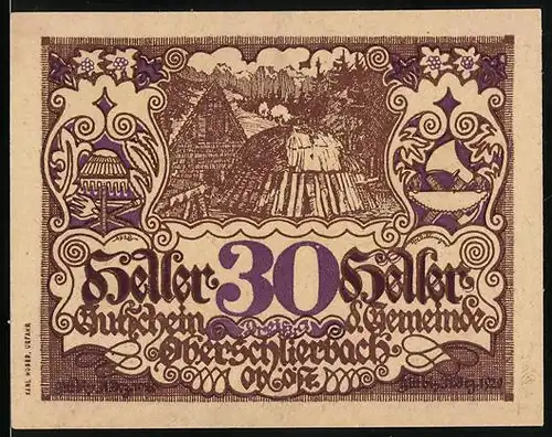 Notgeld Oberschlierbach /Ob.-Öst. 1920, 30 Heller, Ortspartie, Wappen