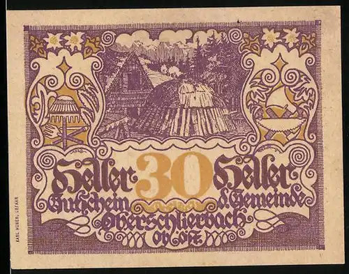 Notgeld Oberschlierbach /Ob.-Öst. 1920, 30 Heller, Ortspartie, Wappen
