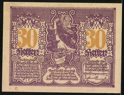 Notgeld Oberschlierbach /Ob.-Öst. 1920, 30 Heller, Ortspartie, Wappen