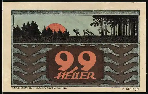 Notgeld St. Johann 1921, 99 Heller, Hirsch und Rehe bei Sonnenuntergang