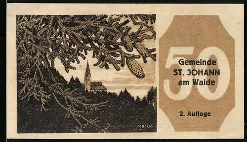Notgeld St. Johann am Walde 1921, 50 Heller, Kirche mit Tannenzweigen