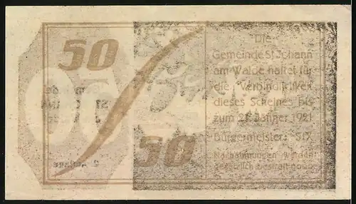 Notgeld St. Johann am Walde 1921, 50 Heller, Kirche mit Tannenzweigen