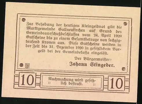 Notgeld Gallneukirchen 1920, 10 Heller, Schloss Riedegg