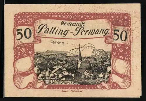 Notgeld Palting-Perwang 1921, 50 Heller, Ortspartie mit Kirche