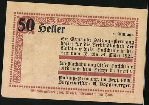 Notgeld Palting-Perwang 1921, 50 Heller, Ortspartie mit Kirche