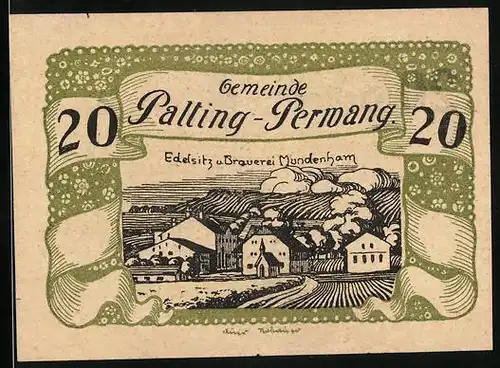 Notgeld Palting-Perwang 1921, 20 Heller, Edelsitz u. Brauerei Mundenham
