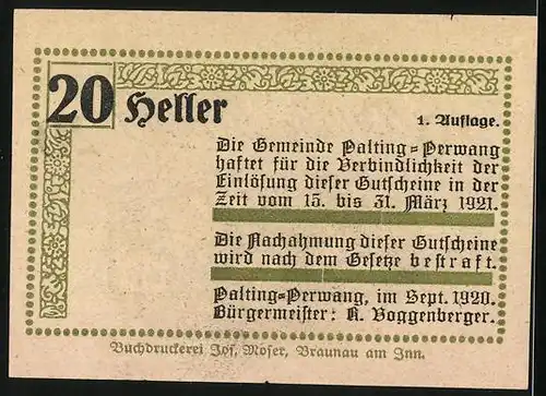 Notgeld Palting-Perwang 1921, 20 Heller, Edelsitz u. Brauerei Mundenham
