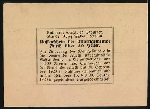 Notgeld Furth bei Göttweig 1920, 50 Heller, Strassenpartie