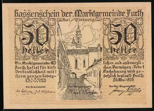 Notgeld Furth bei Göttweig 1920, 50 Heller, Strassenpartie