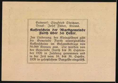 Notgeld Furth bei Göttweig 1920, 50 Heller, Strassenpartie