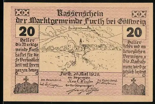 Notgeld Furth bei Göttweig 1920, 20 Heller, Ortspartie mit Schloss