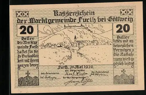 Notgeld Furth bei Göttweig 1920, 20 Heller, Ortspartie mit Schloss