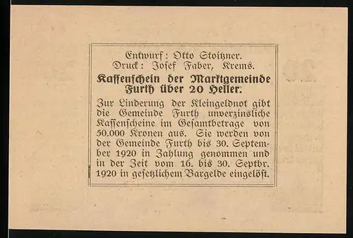 Notgeld Furth bei Göttweig 1920, 20 Heller, Kassenschein