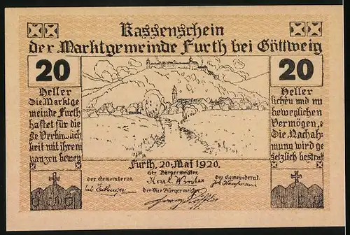 Notgeld Furth bei Göttweig 1920, 20 Heller, Kassenschein