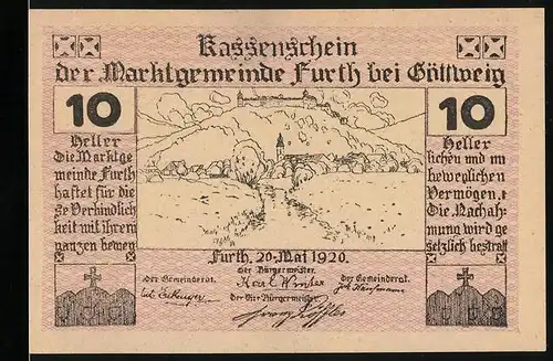 Notgeld Furth bei Göttweig 1920, 10 Heller, Ortspartie mit Schloss