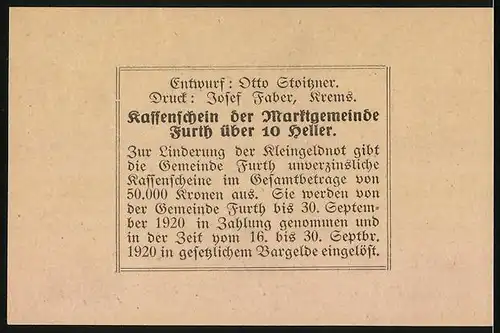 Notgeld Furth bei Göttweig 1920, 10 Heller, Ortspartie mit Schloss