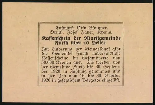 Notgeld Furth bei Göttweig 1920, 10 Heller, Ortspartie mit Schloss